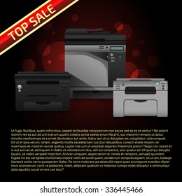 Vector illustration with printers on dark brown background. Advertise template with sample text. Print equipment top sale page. Banner design. 