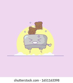 Vector illustration for printing or design. Isolated, vivid illustration. Toaster with bread on a pink background. Bouncing cute toaster.