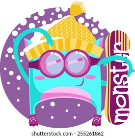 Vector illustration for printing on paper and fabric. monster with a snowboard