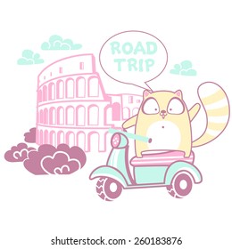 Vector illustration for printing on paper and fabric.Cat on a bike.
