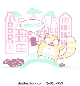 Vector illustration for printing on paper and fabric.Cat with a mobile phone.