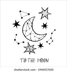 vector illustration for printing on postcards. day of cosmonautics. growing moon in the starry sky. hand drawing.