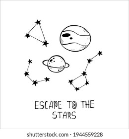 vector illustration for printing on postcards. day of cosmonautics. stars, planets, constellations. hand drawing.