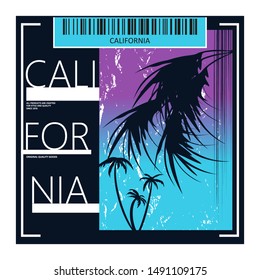 Vector illustration for printing on a t-shirt, poster, clothes, cards on the theme of California, with a graphic silhouette of a palm tree.