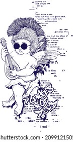 vector illustration for prints. blue, cherub playing the harp in sunglasses