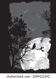 vector illustration for prints. landscape with crow among trees under the full moon