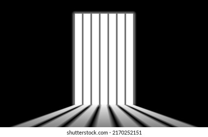 Vector illustration of prison bars door on dark wall. Realistic prison room door background. Jail door with bars. Jail break. 