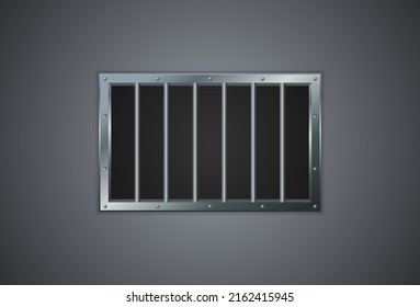 Vector illustration of prison bars window on dark wall. Realistic prison metal lattice. Jail window with bars. Jail break. 