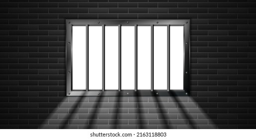 Vector illustration of prison bars window on dark brick wall. Realistic prison metal lattice. Jail window with bars. Jail break. 
