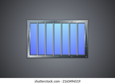 Vector illustration of prison bars window on dark wall. Realistic prison metal lattice. Jail window with bars. Jail break. 