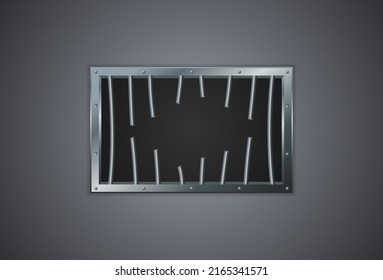 Vector illustration of prison bars window on dark wall. Realistic prison metal lattice. Jail window with bars. Jail break. 