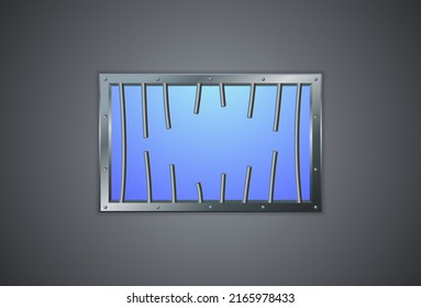 Vector illustration of prison bars window on dark wall. Realistic prison metal lattice. Jail window with bars. Jail break. 