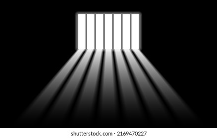 Vector illustration of prison bars window on dark wall. Realistic prison room window background. Jail window with bars. Jail break. 