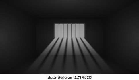 Vector illustration of prison bars window on dark wall. Realistic prison room window background. Jail window with bars. Jail break. 
