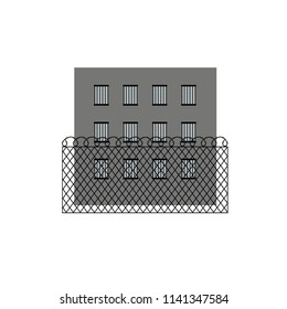 Vector illustration of prison jail building. Barbed wire fence