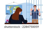 Vector illustration of a prisoner behind bars. Cartoon scene with a prisoner behind bars and a female police officer interrogating a suspect in a crime and recording a statement on a white background.