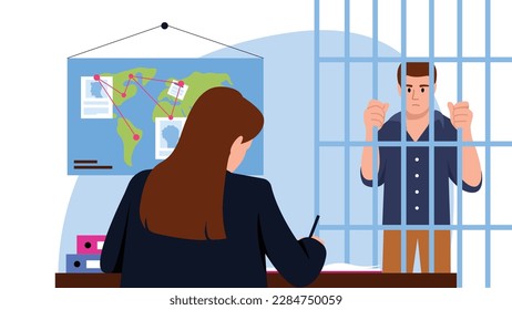 Ilustración vectorial de un prisionero tras las rejas. Escena de caricatura con un prisionero tras las rejas y una oficial de policía interrogando a un sospechoso de un crimen y grabando una declaración con un fondo blanco.