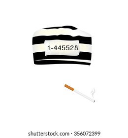 Vector illustration prisoner cap with number and burning cigarette.