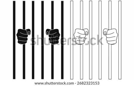 Vector illustration of prisoner hands gripping jail bars in silhouette and outline style. Symbol or icon of prison, crime, law, justice, punishment, freedom, and security concept.