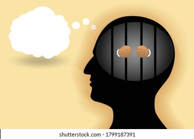 Vector Illustration Of Prisoner Hands Holding Jail Bars In Human Head