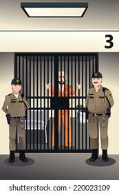 A vector illustration of prisoner in the jail being guarded by prison guards