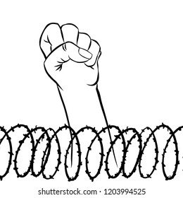 Vector illustration "prisoner".Fist and barbed wire.Raised hand with clenched fist behind barbed wire. Political poster. Protest against violence and injustice. Struggle, fight for freedom. eps 10