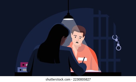 Ilustración vectorial de los prisioneros. Escena de caricatura con un prisionero que da información a una muchacha policial en una celda de interrogatorio.
