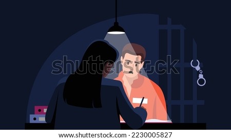 Vector illustration of prisoners. Cartoon scene with a prisoner who gives information to a police girl in an interrogation cell.