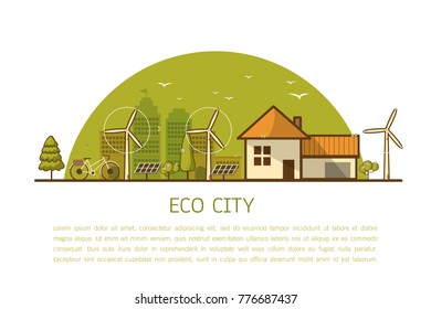 Vector  illustration of a private house and wind turbines with green hills on background, flat line style concept of eco home, renewable energy, ecology