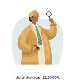 Vector illustration of a private investigator in a raincoat with a magnifying glass in his hands and a smoking pipe. Profession. Flat style