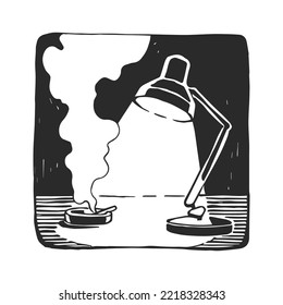 Vector illustration of a private investigator's desktop with a lamp and an ashtray.  A hand-drawn sketch for the design of a detective story.