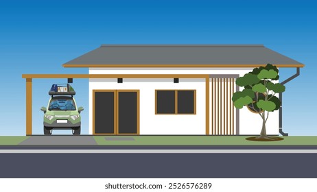 Vector or illustration of a private minimal house with a garage and a travel car. Background of tree front of house. Background of blue sky. Front gound of asphalt road.