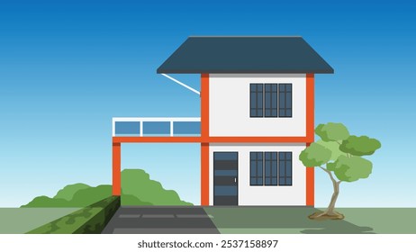 Vector or illustration of a private minimal house two floor. Background of big spring tree backside of house. Front of house with dirt paths and green grass. Under clear blue sky.