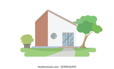 Vector or illustration of a private Minimal Style house. Background of tree back side of house with pot side of house. Front of house with green grass. Isolated white background.