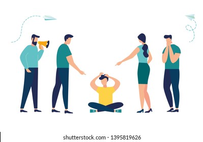 Vector Illustration, The Problem Of Bullying, A Man Sits On The Floor Surrounded By People Mocking Him.