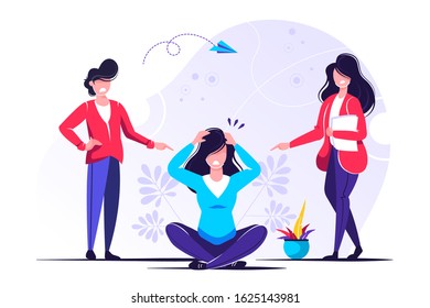 Vector illustration, the problem of bullying, a man sits on the floor surrounded by people mocking him.