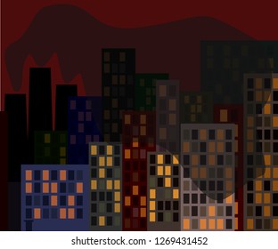 Vector illustration, the problem of ecology of the 21st century, the urban landscape at dusk, the smoke from the plant covers the city