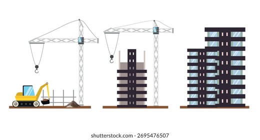 Ilustração vetorial do processo de construção de casas de vários andares. Cena de desenhos animados de etapas de construção: escavadora, guindastes, pilhas de cimento, concreto, moldura de casa, edifícios construídos de vários andares.