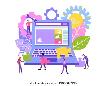 Vector illustration the process of building web site interface, little people are engaged in the development of web site, the software API