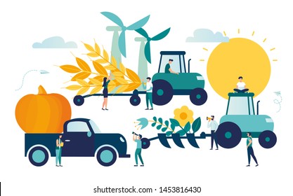 Vector illustration, a process of harvesting crops on a tractor, ears with whole grains and leaves, yellow wheat, rye or barley