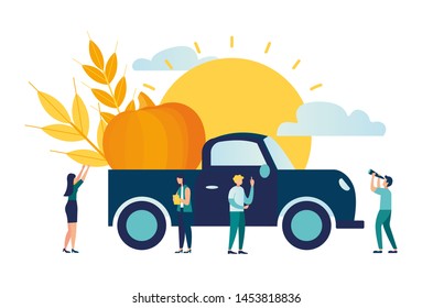 Vector illustration, the process of harvesting crops by car, ears with whole grains and leaves, large pumpkin, yellow wheat, rye or barley