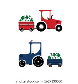 Vector illustration, a process of harvesting crops on a tractor: clover leaves. 