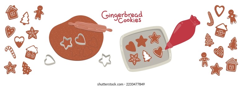 Vector illustration of the process of making gingerbread cookies. Big set, stickers isolated on white background