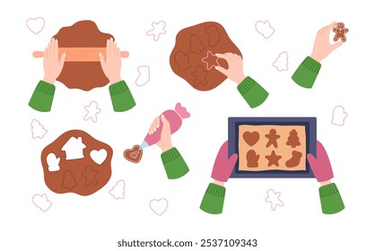 Ilustración vectorial del proceso de elaboración de galletas de jengibre. Incluye cortadores de galletas, masa, bandeja para hornear y decoraciones de glaseado en un estilo navideño simple. Perfecto para proyectos de Navidades.