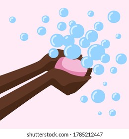 Vector illustration the process of washing black hands with soap and soap bubbles. Illustration on the topic of coronavirus and the need to wash hands