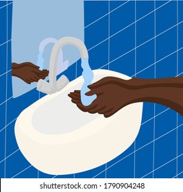 Vector illustration the process of washing black hands over the sink in the bathroom with a mirror. Anti racist illustration on the topic of coronavirus and the need to wash hands 