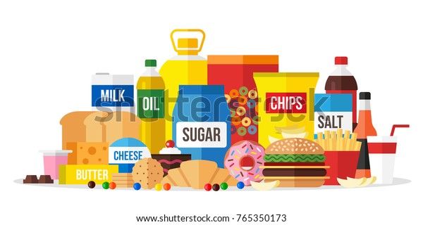Vector\
illustration of processed food. Flat\
style.