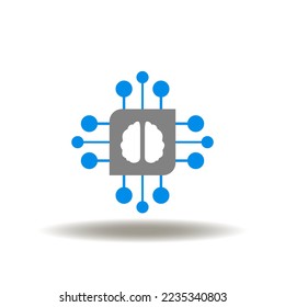 Vector illustration of processor with brain. Icon of AI CPU computer motherboard. Symbol of circuit, microchip.