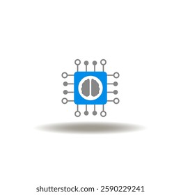 Vector illustration of processor with brain. Symbol of AI Artificial Intelligence Neural Network Computer Technology. Icon of micro nano quantum chip.