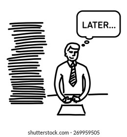 vector illustration procrastination businessman which delay his work for later | simple modern flat design black cartoon icon isolated on white background